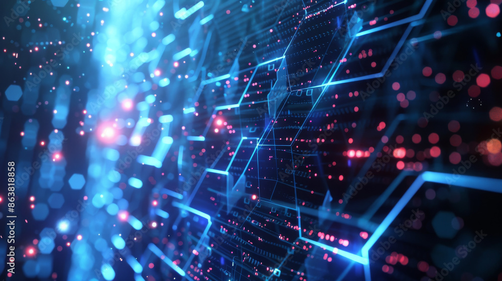 Obraz premium Immersive digital showcase for tech businesses, featuring abstract particle animations and a sleek hexagonal backdrop. Ideal for broadcasting presentations or showcasing innovative concepts.