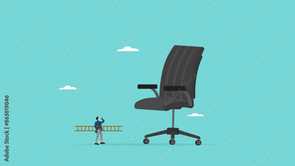 strategy to achieve success or target position, career development or target position effort, strategy to reach career success, confident businessman climbing a large office chair with stairs strategy to achieve success or target position, career development or target position effort, strategy to reach career success, confident businessman climbing a large office chair with stairs