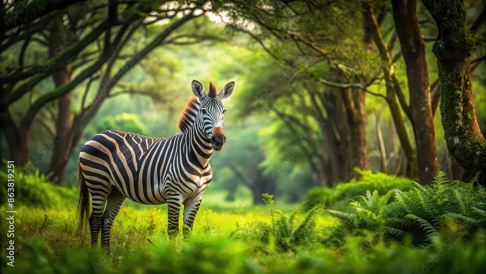 A zebra standing out boldly in a lush forest setting , wildlife, stripes, nature, black and white, unique, animal, African A zebra standing out boldly in a lush forest setting , wildlife, stripes, nature, black and white, unique, animal, African