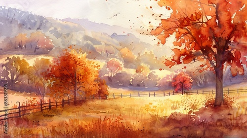 Watercolor painting of a sunny autumn landscape with colorful trees and a wooden fence