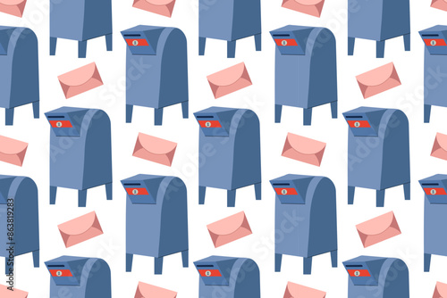 Seamless pattern with mailbox and letter on white isolated background. Red and blue mailbox. Pattern for fabric, packaging. Theme of communication, mail.
