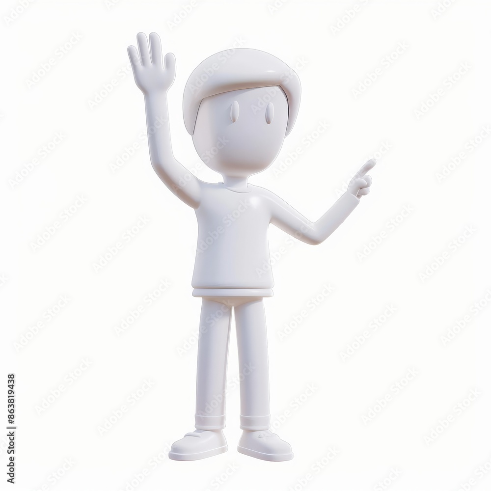 White figure illustration saying hello with hand, isolated on white background. Greeting or stop halt gesture. Happy White figure illustration saying hello with hand, isolated on white background. Greeting or stop halt gesture. Happy