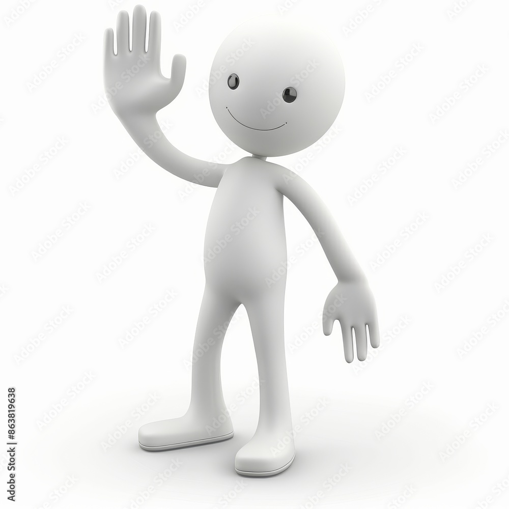 Fototapeta premium White figure illustration saying hello with hand, isolated on white background. Greeting or stop halt gesture. Happy