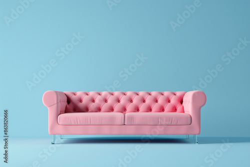 a pink couch in a blue room photo