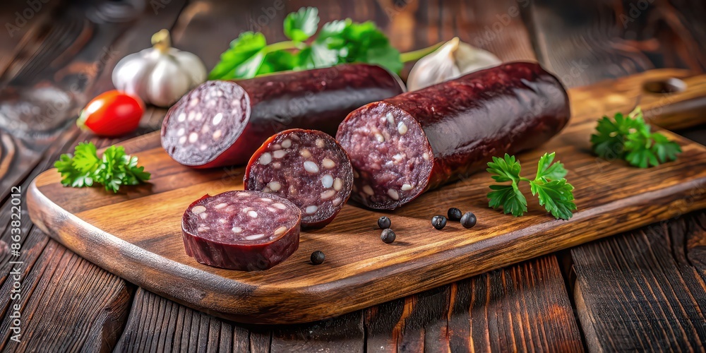 Delicious homemade blood sausage on a wooden cutting board, food, meal, cooking, cuisine, traditional, savory, black pudding Delicious homemade blood sausage on a wooden cutting board, food, meal, cooking, cuisine, traditional, savory, black pudding