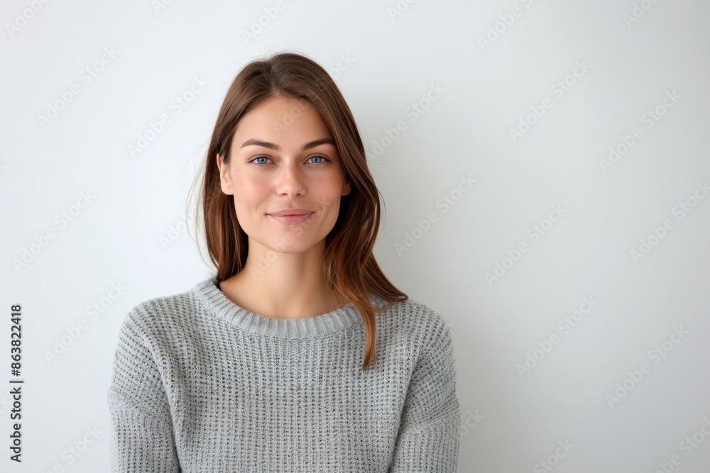 Smiling Woman in Gray Sweater with Hands Folded. Generative AI. Smiling Woman in Gray Sweater with Hands Folded. Generative AI.