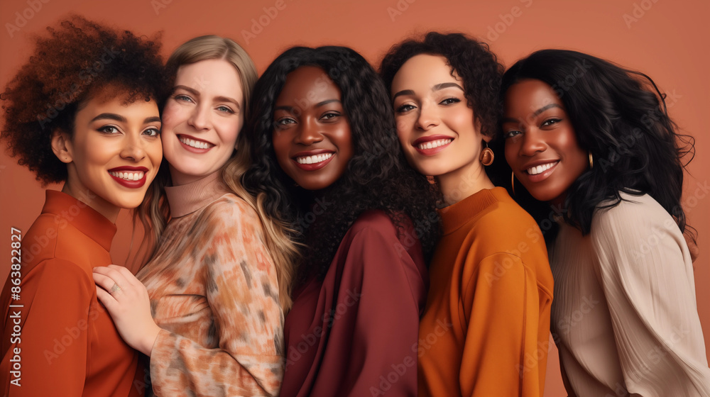 Group of multiethnic women posing together in studio. Concept about body positivity and self acceptance Group of multiethnic women posing together in studio. Concept about body positivity and self acceptance