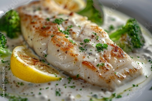 Pike Perch or Zander Fillet in Cream Sauce with Broccoli, Fried Sander Fish, Pike Meat with Lemon
