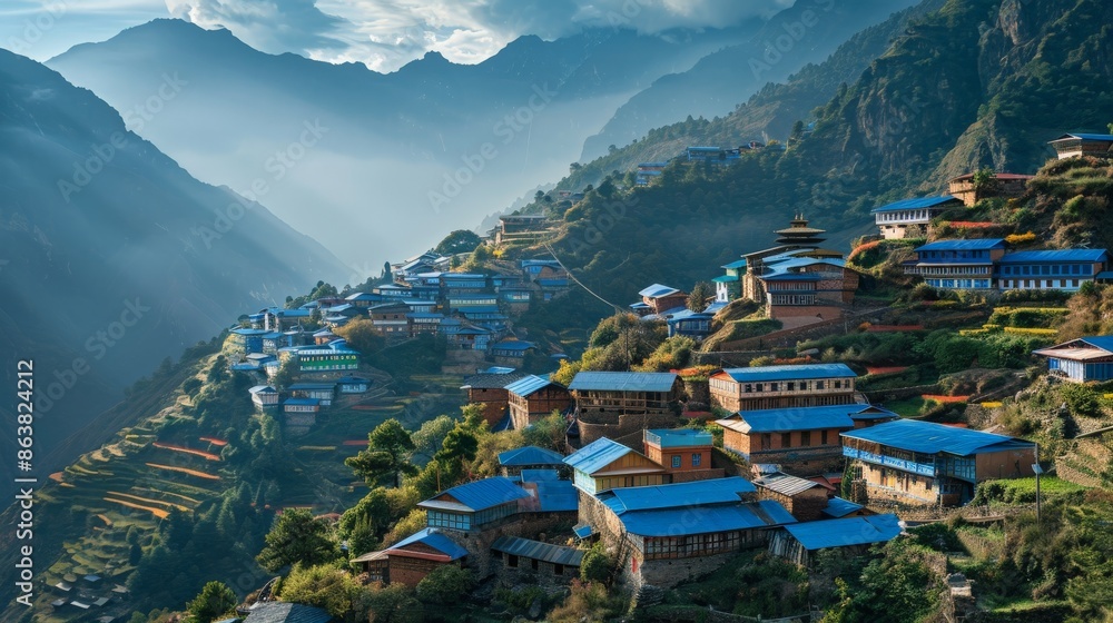 Obraz premium Panoramic view of a cliffside village with cascading terraces and bright blue roofs