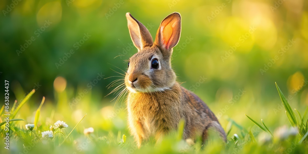 Fototapeta premium A cute brown rabbit in a field, Rabbit, Brown, Animal, Cute, Pet, Fluffy, Fur, Wildlife, Nature, Hare, Bunny, Grass, Outdoors