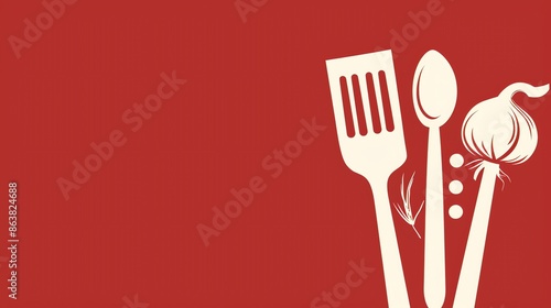 A simple illustration of kitchen utensils and an onion on a red background.