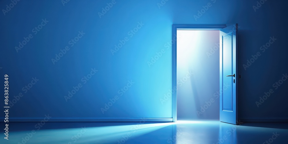 Single opened door with light coming through and empty interior in blue colors, door, open, light, bright, interior, empty Single opened door with light coming through and empty interior in blue colors, door, open, light, bright, interior, empty