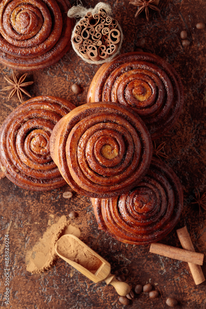 Freshly baked sweet cinnamon buns. Freshly baked sweet cinnamon buns.