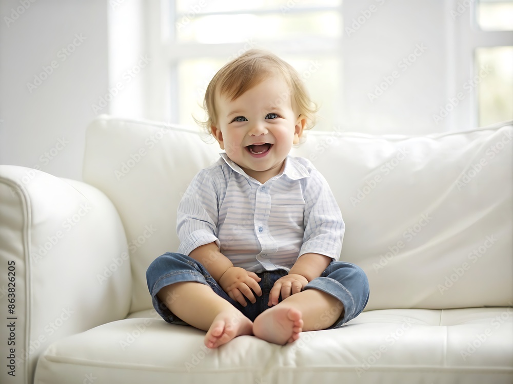Happy Baby Sitting on a White Sofa. Happy Baby Sitting on a White Sofa.