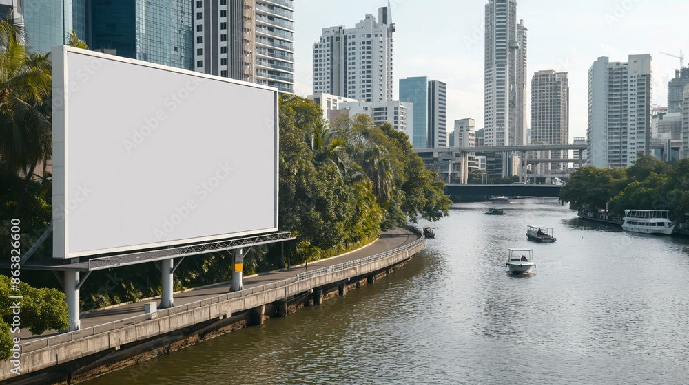 A blank billboard on a bridge over a river, with boats and city skyline in the background