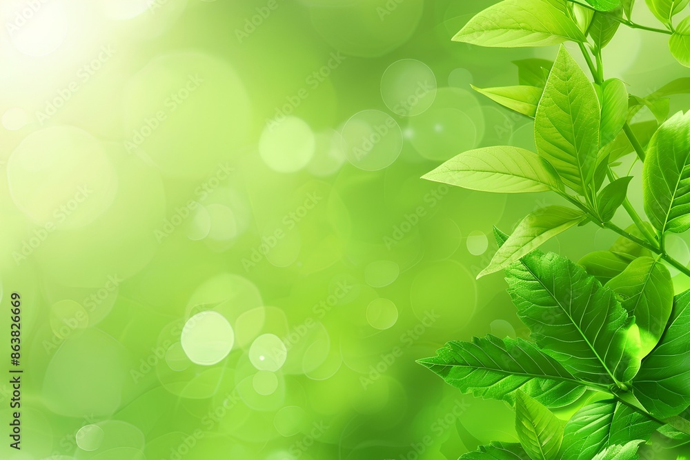 Naklejka premium Spring background with green leaves and blurred bokeh lights, spring nature concept banner template design. Stock photo with space for 2/3 text in the style of nature