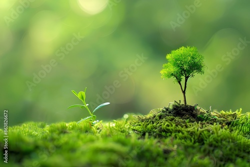 A small tree sprouting on lush green mossy ground, symbolizing growth and vitality. The background is blurred to emphasize the subject