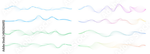 Set of dynamic smooth waves on a white background. Sound energy flow concept. Perfect for backgrounds, web design, and presentations. High-quality, unique and easily customizable vector design element