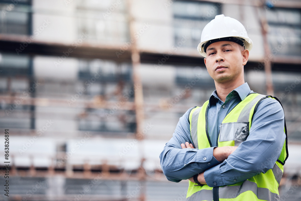 Man, arms crossed and portrait with architect on construction site, building development and engineering confidence. Contractor, architecture employee and helmet safety, urban project and serious Man, arms crossed and portrait with architect on construction site, building development and engineering confidence. Contractor, architecture employee and helmet safety, urban project and serious