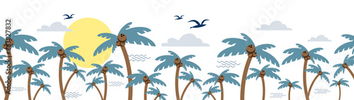 Exotic tropical vector seamless palm tree and coconut horizontal long background. Aloha party, Hawaii concept.
