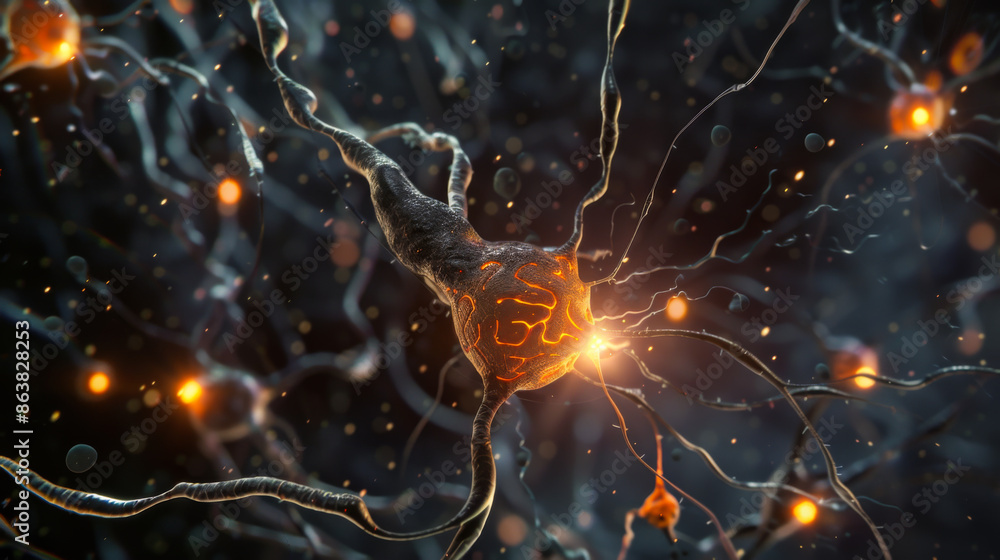 A close up of a brain with many neurons and a lot of glowing lights. Concept of complexity and mystery, as the viewer is left to wonder about the inner workings of the brain A close up of a brain with many neurons and a lot of glowing lights. Concept of complexity and mystery, as the viewer is left to wonder about the inner workings of the brain