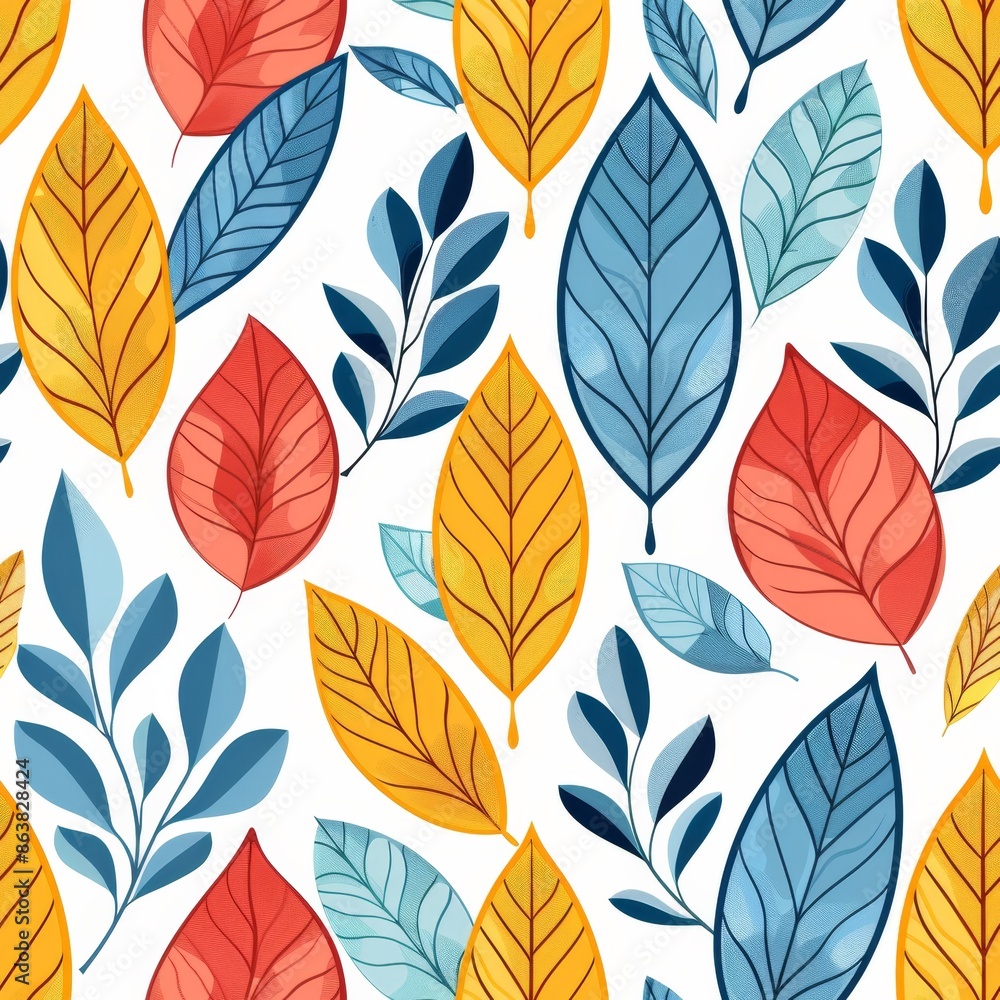 Obraz premium Seamless pattern with colorful autumn leaves. Ideal for fabric, wallpaper, and fall-themed designs. Keywords. nature, foliage, orange, yellow, blue, red, season, art, background