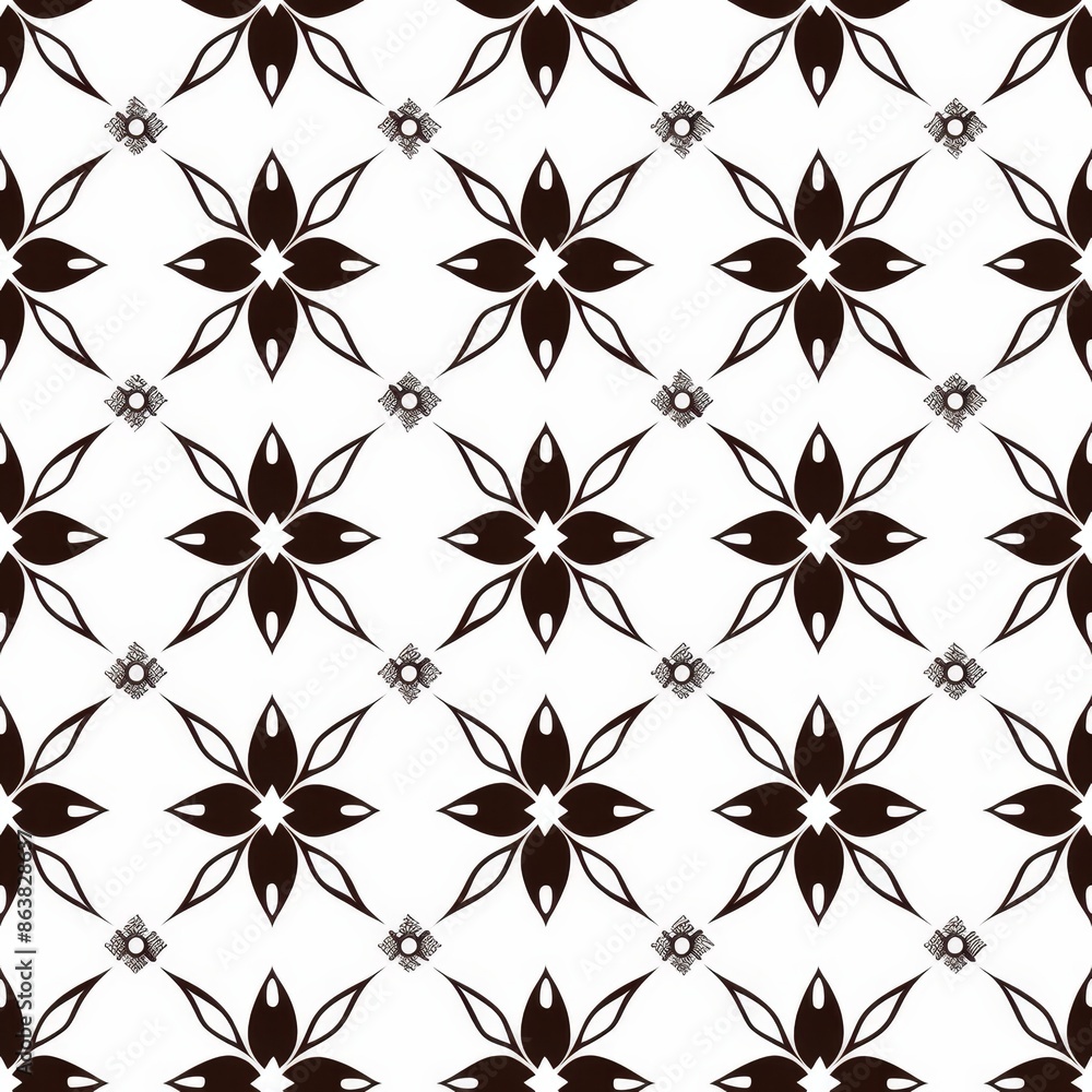 Fototapeta premium Seamless black and white floral pattern. Monochrome geometric background. Abstract floral texture. Ideal for fabric, textile, wallpaper, packaging