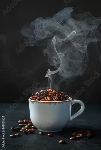 A cup of coffee filled with steaming hot beans, with smoke rising from the top and scattered around it. The background is a dark gray