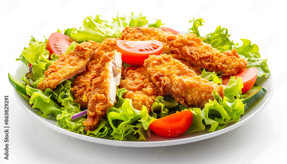 Fototapeta premium Healthy green salad with crispy fried chicken and tomato isolated on white