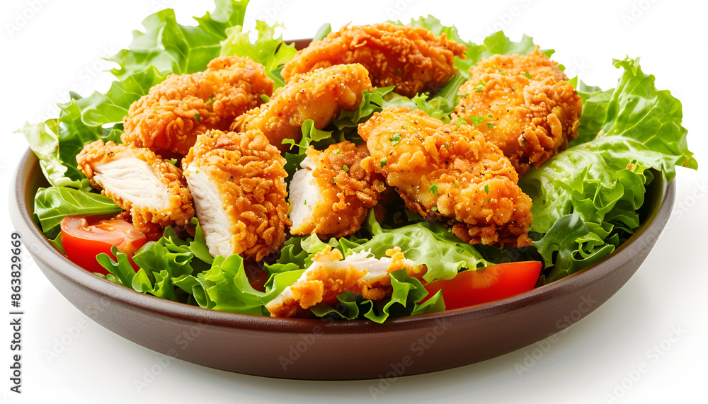 Healthy green salad with crispy fried chicken and tomato isolated on white Healthy green salad with crispy fried chicken and tomato isolated on white