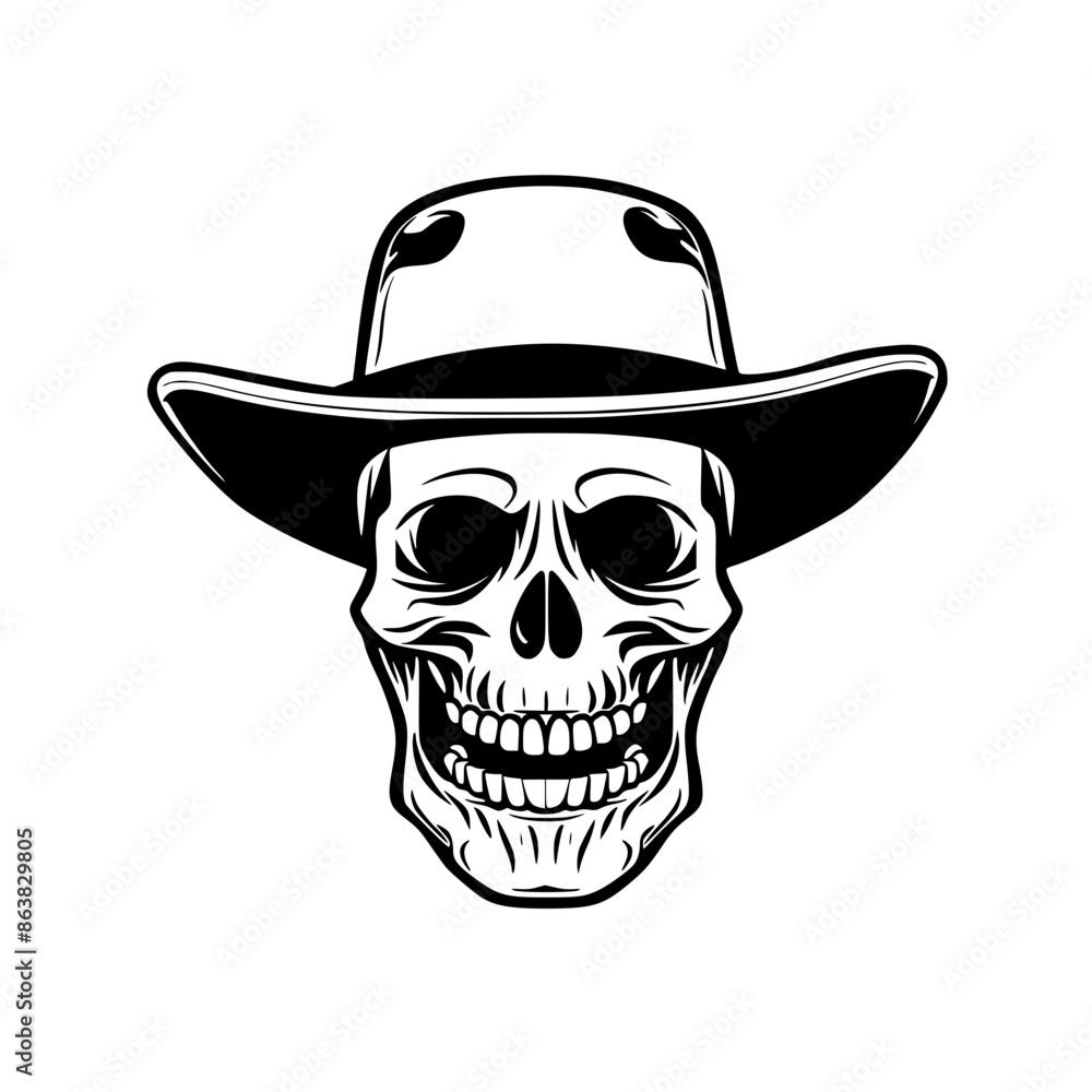 Cowboy Skull with Hat Illustration, Striking black and white illustration of a skull wearing a cowboy hat, combining Western and gothic elements for a bold design.
Cowboy Skull with Hat Illustration, Striking black and white illustration of a skull wearing a cowboy hat, combining Western and gothic elements for a bold design.