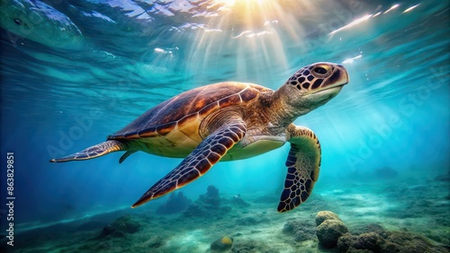 Masterful sea turtle swimming gracefully in the ocean, sea turtle, marine life, underwater, majestic, graceful, swimming © Sujid