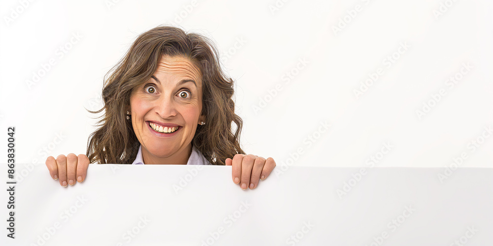 Smiling middle-aged female doctor peeking over a white edge. Smiling middle-aged female doctor peeking over a white edge.
