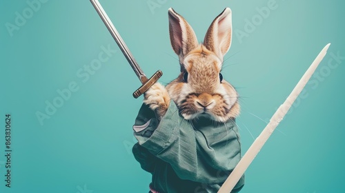 A cute and fluffy brown rabbit dressed in a green tunic is holding a sword and a wooden stick. photo