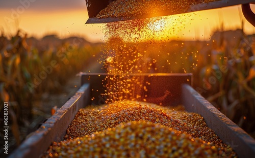 Golden Corn Kernels Pouring Into Hopper at Sunset