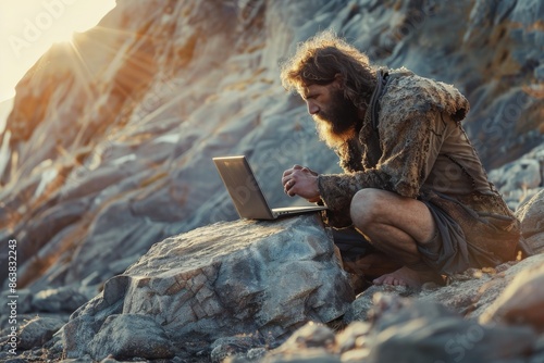 Ancient Stone Age Programmer, Prehistoric Programming, Neanderthal Man Working photo