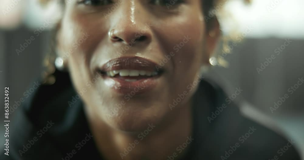 Face, fitness and smile with tired woman in gym for exercise, training or workout routine. Breathing, fatigue and portrait of happy African person in health club for improvement or performance Face, fitness and smile with tired woman in gym for exercise, training or workout routine. Breathing, fatigue and portrait of happy African person in health club for improvement or performance