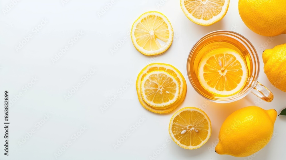 Glass of lemon water with whole and sliced lemons on a white background. Refreshing citrus beverage concept. Glass of lemon water with whole and sliced lemons on a white background. Refreshing citrus beverage concept.