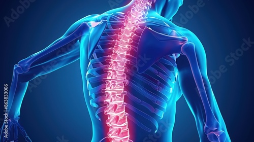 3D illustration of a human spine with a highlighted painful area, representing back pain, spinal issues, and anatomy.