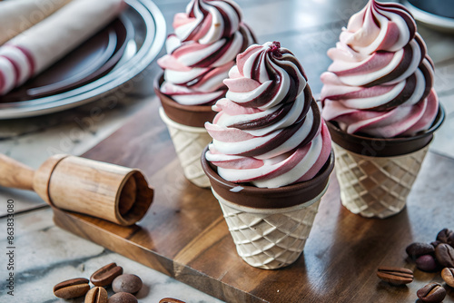 Delicious Twister Ice Cream Cones on Wooden Board