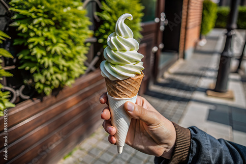 Hand Holding a Soft Serve Ice Cream Cone on a Sunny Day