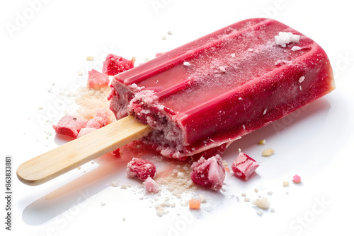 Partially Eaten Red Popsicle With Crushed Ice Cream on White Background