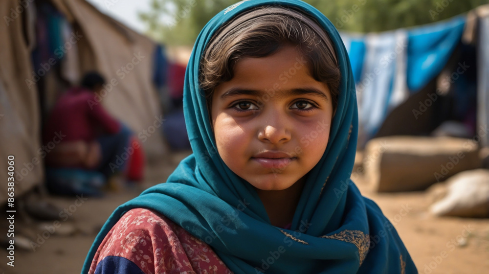 Portrait of a muslim girl in a refugee camp Portrait of a muslim girl in a refugee camp