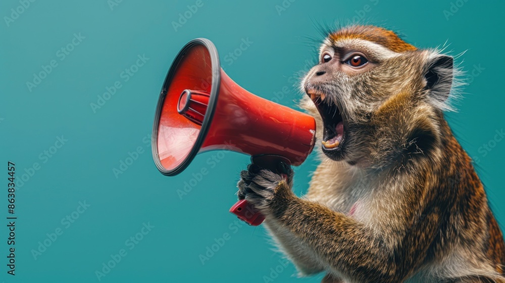 Fototapeta premium A striking image showing an animal enthusiastically shouting into a megaphone, with the device being held by a human hand. The background is a uniform solid color, creating a stark contrast that