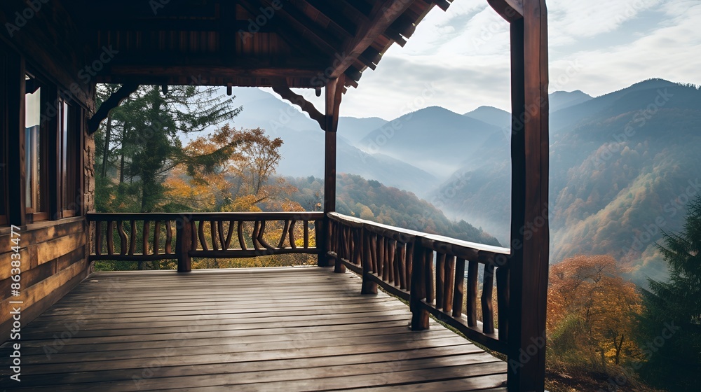 A wooden porch with a view of the mountains A wooden porch with a view of the mountains