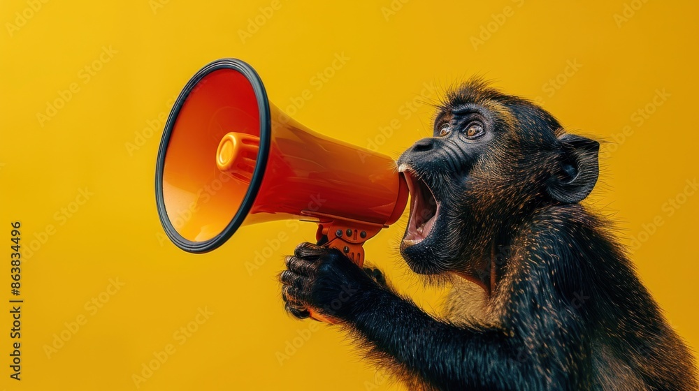 Fototapeta premium An eye-catching portrait of an animal vocally projecting into a megaphone, supported by a human hand. The solid color background provides a clean and uncluttered setting, emphasizing the dynamic