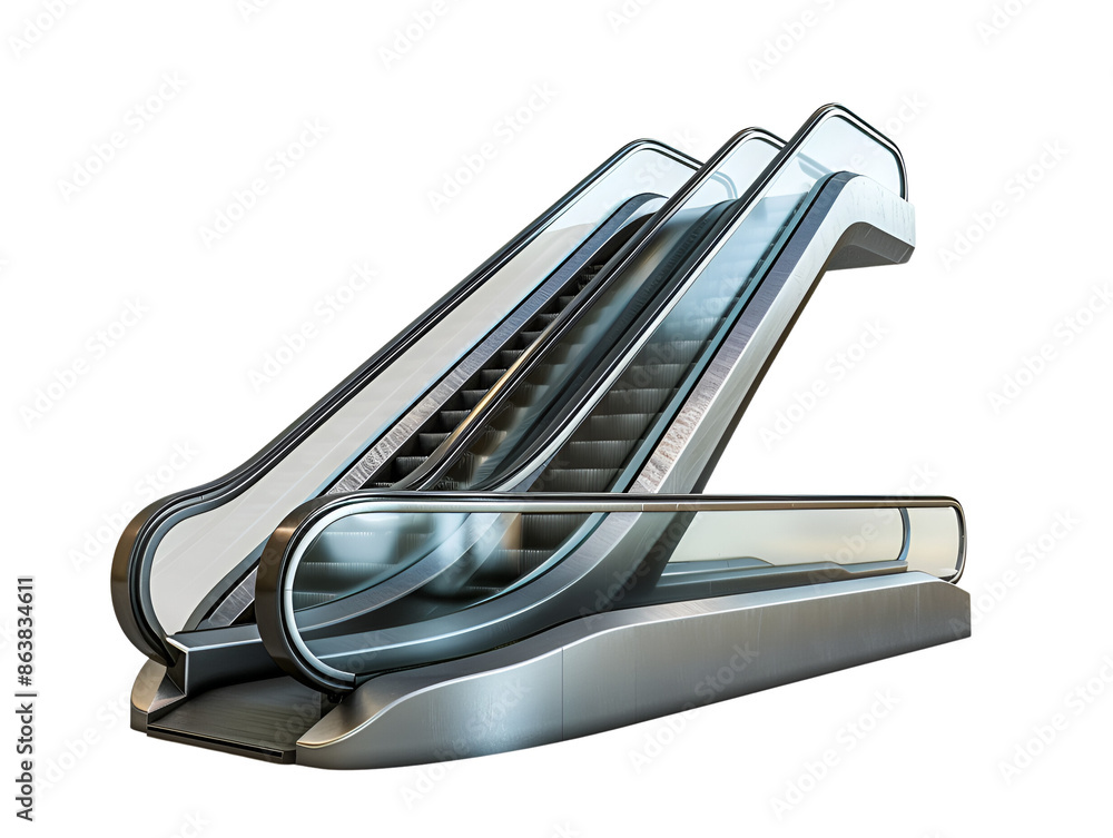 Modern escalator with glass panels, isolated on white background. Modern escalator with glass panels, isolated on white background.