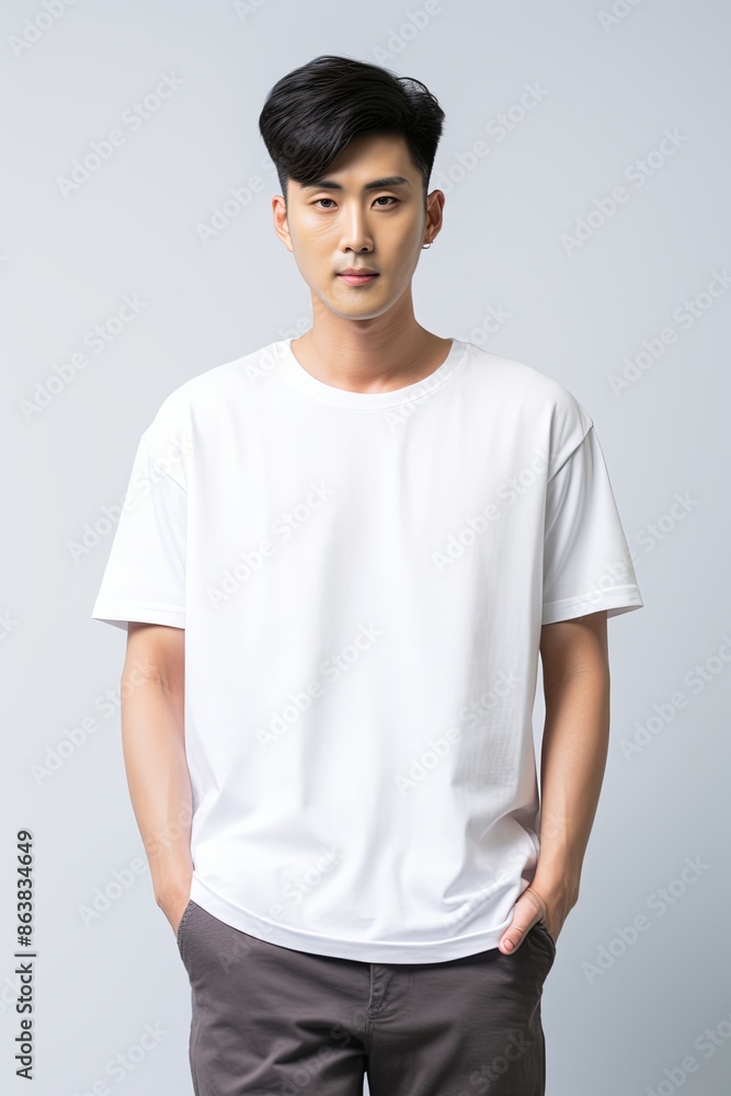 Muscular Asian man wearing oversized shirt on background Muscular Asian man wearing oversized shirt on background
