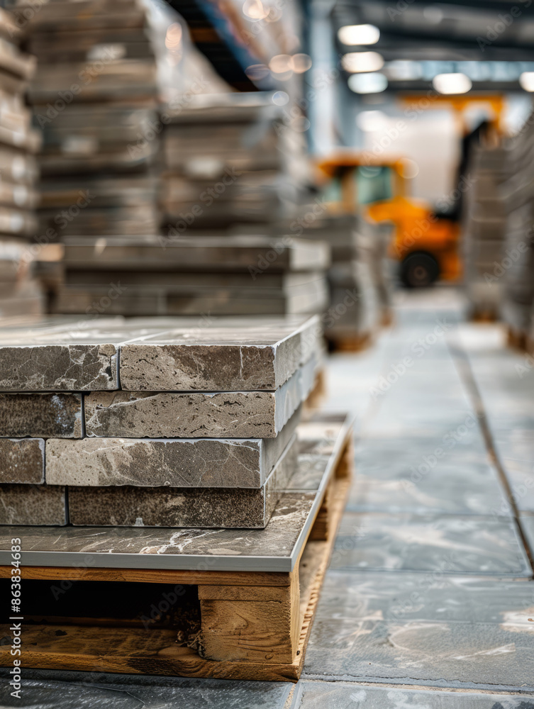 Stacked tiles on a pallet in a warehouse. Stacked tiles on a pallet in a warehouse.