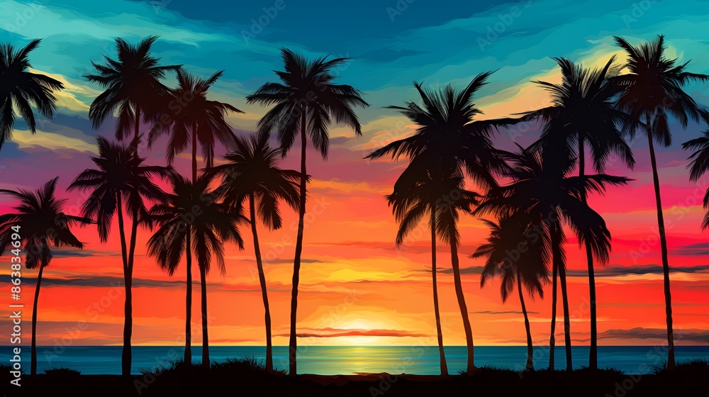 A beautiful sunset over the ocean with palm trees in the foregro